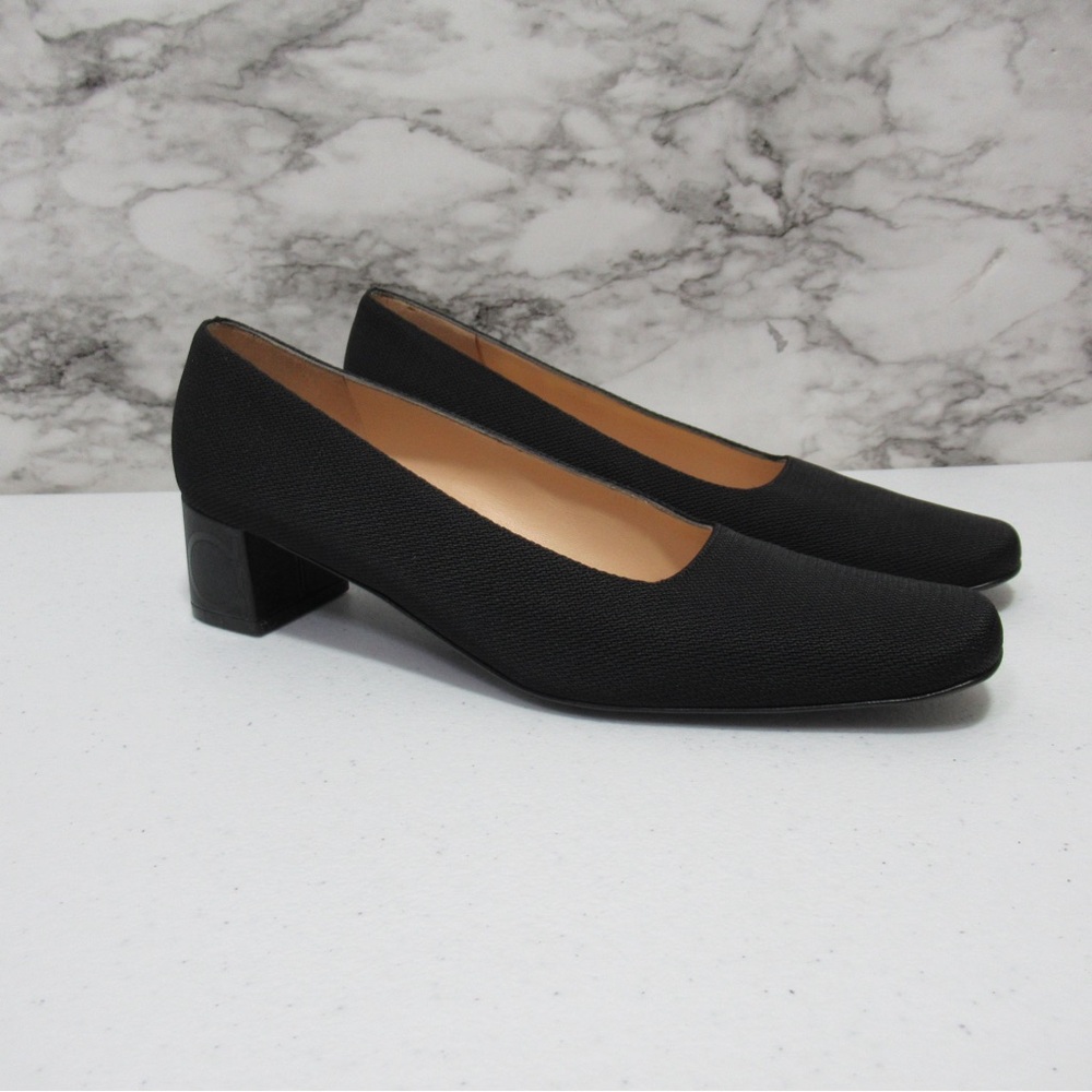 Salvatore Ferragamo Canvas Pumps Black Block Heels Size 7.5